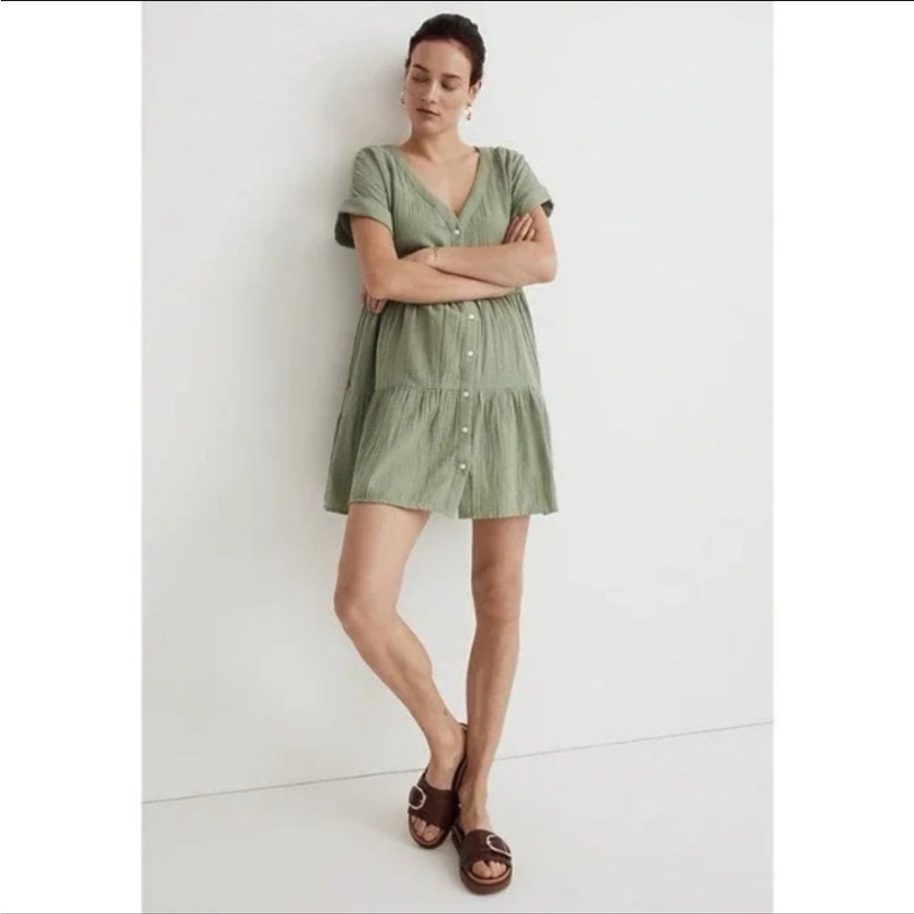 V-Neck Short Sleeve Tiered Mini Dress in Sage Green